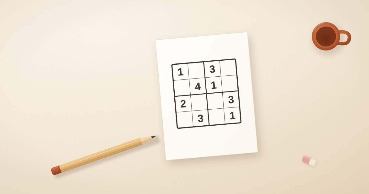 A printable 4×4 sudoku puzzle for kids on white paper with a pencil beside it, on a warm cream desk.