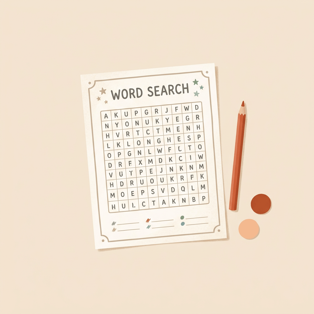 Flat-lay illustration of a printable word search puzzle page with a colored pencil